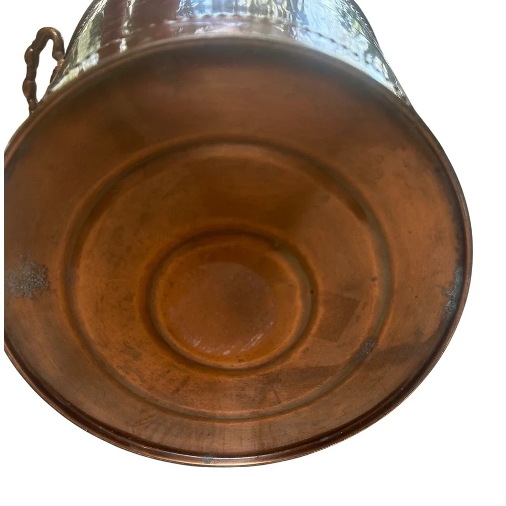Vintage Solid Copper Bucket Wine Chiller Planter Beaded Trim Shell Handles 9